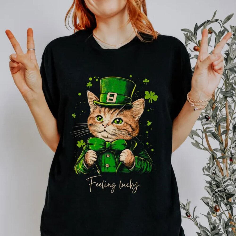 Saint Patricks Day Cat Shirt, Feeling Lucky Tee, Cat Patricks Day Shirt